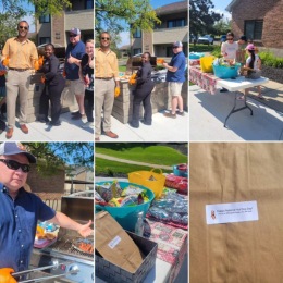 We celebrated National Hot Dog Day at our new grilling station. We look forward to seeing everyone in August for our Flamingle Pool Party. a group of pictures of people grilling outside at Shoal Creek