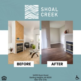 Check out this very demure, very cutesy renovation!  Our Renovated Driftwood Upper Level Apartment Home is available now. before and after photo of a living area at Shoal Creek